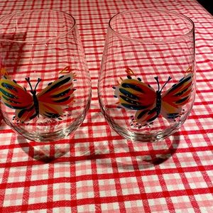Set of 2 hand painted wine glasses. Butterflies in blue and pink New in box